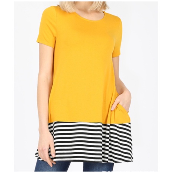 Zenana Outfitters Tops - 1 LEFT Laura striped and solid dark mustard tunic